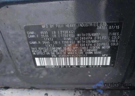 2016 Subaru Outback 2.5I Premium z USA, uszkodzony, nr VIN 4S4BSAFCXG3200317